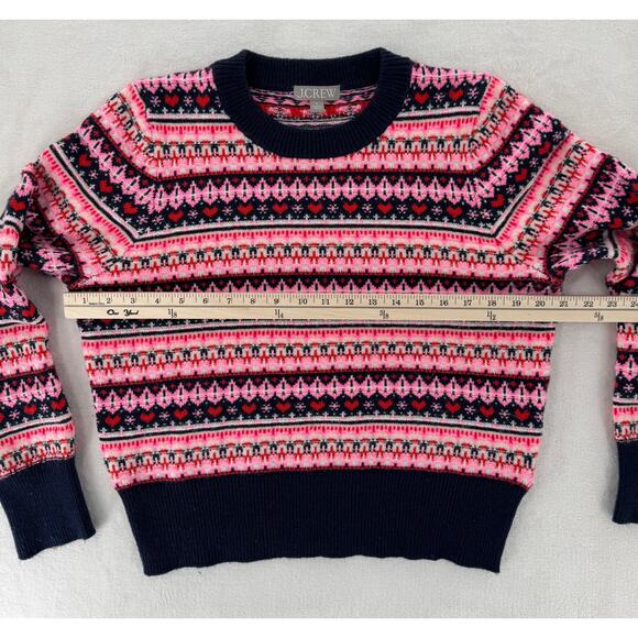 J Crew Fair Ise Sweater Navy Pink Heart Stripe Wool Knit Pullover M - Picture 8 of 9